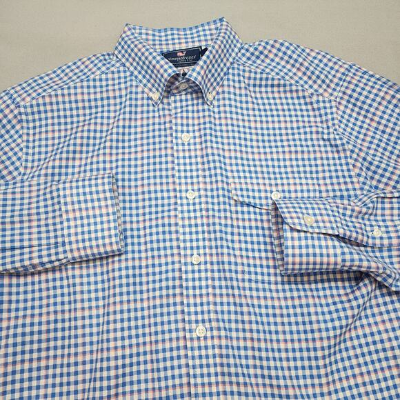 Vineyard Vines Blue White Pink Checked Button Up Shirt Men's size L - Picture 1 of 5